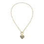 A gold-colored toggle necklace with a heart-shaped pendant, made of ceramic coated brass with crystal embellishments.-2