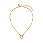 Gold chain necklace with a small round pendant on a white background-1