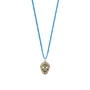Skull pendant necklace on a blue cord against a white background-1
